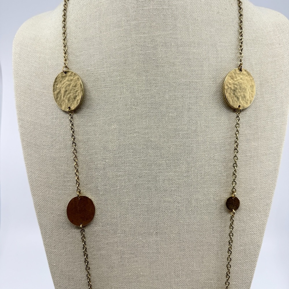 Gold Tone Long Disc Necklace Hammered Texture Boho Layering Statement Piece
